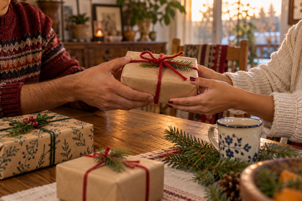 Illustrative hands passing a modest wrapped gift across a dining table