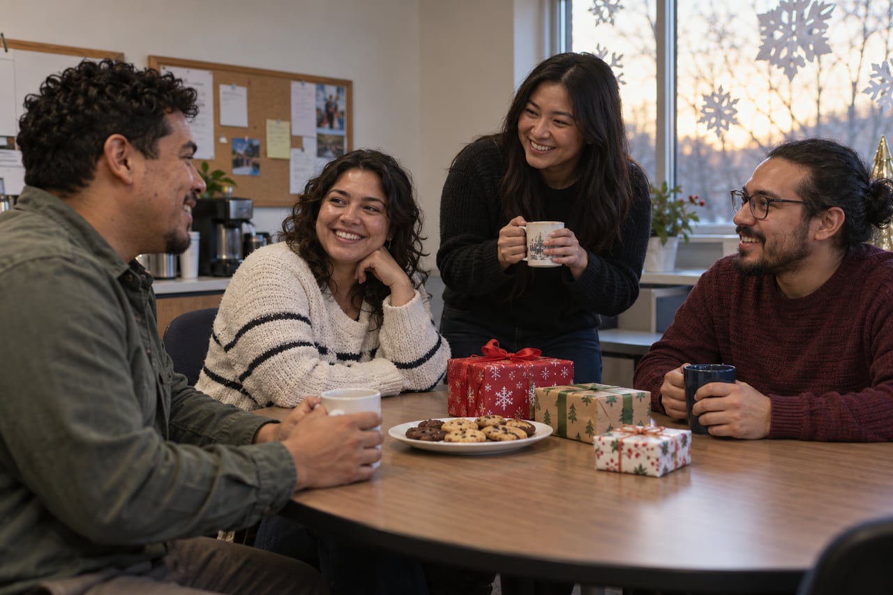 Illustrative colleagues sharing coffee at a small holiday office gathering