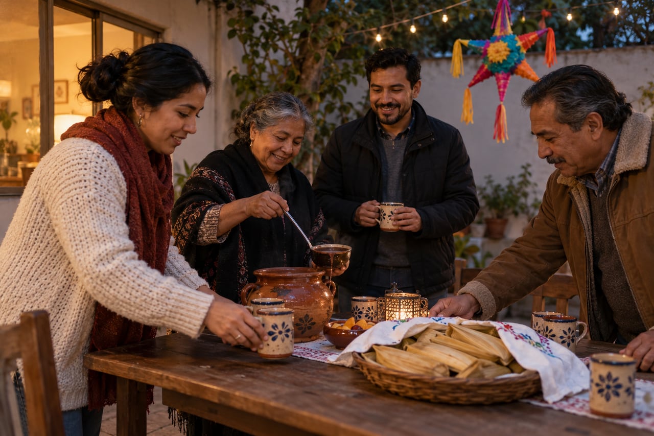 Illustrative family preparing ponche and tamales on a patio for a posada