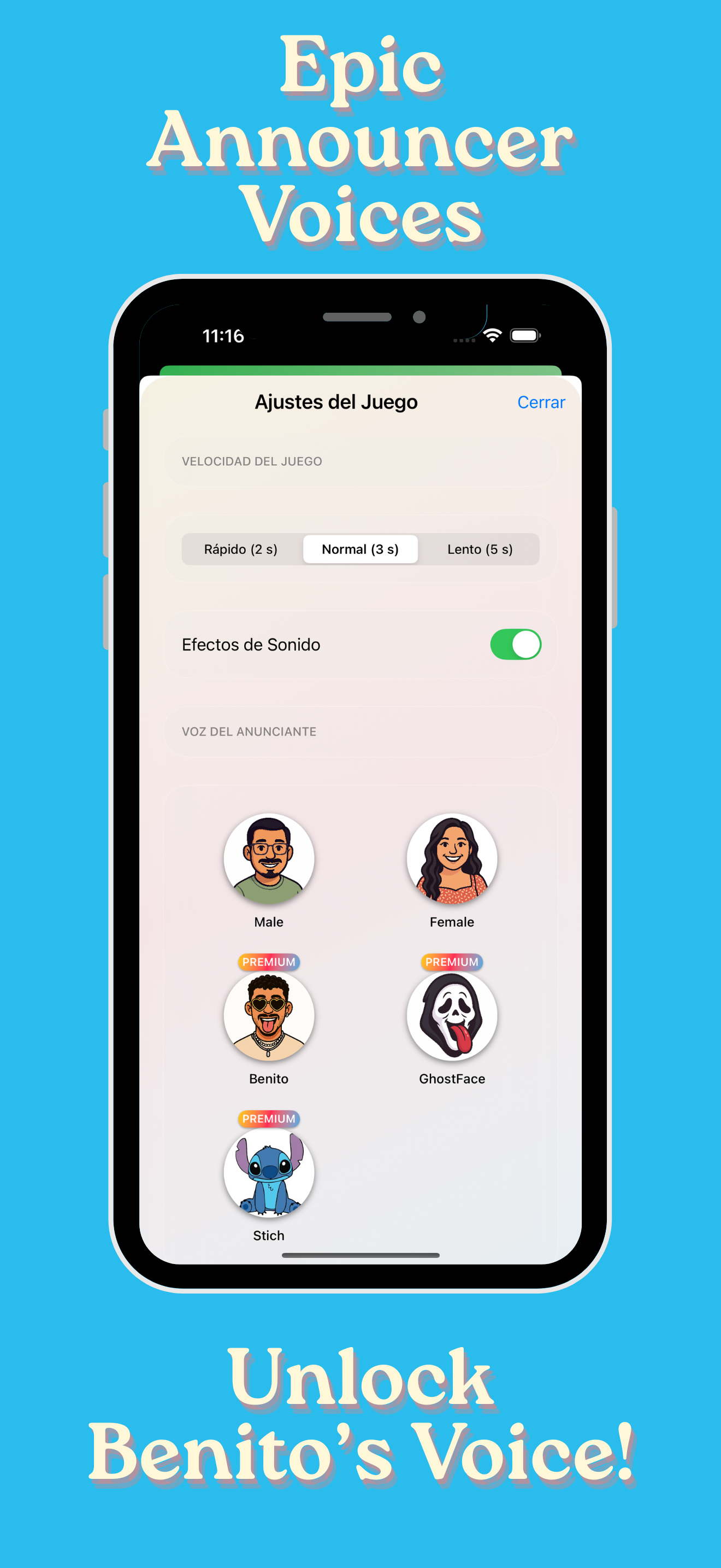 Provided app screenshot showing game speed and caller voices