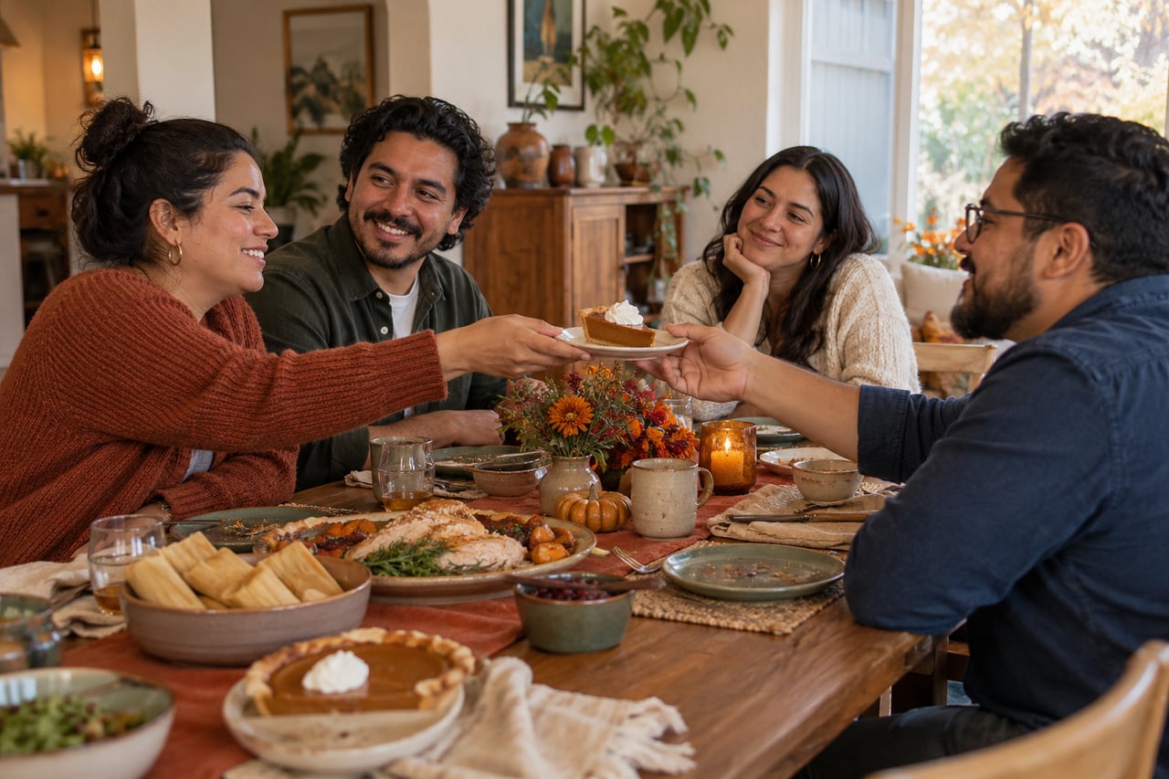 Illustrative Friendsgiving scene with four friends sharing dessert at home