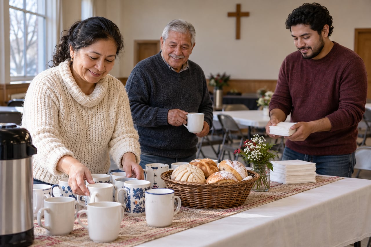 Illustrative volunteers preparing coffee and sweet bread in a community hall