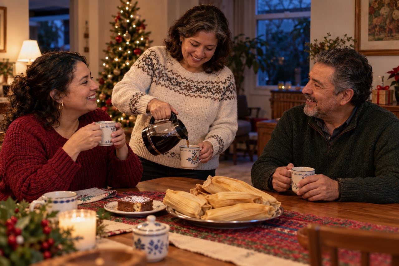 Familiares ilustrativos compartiendo café y conversación después de la cena de Nochebuena